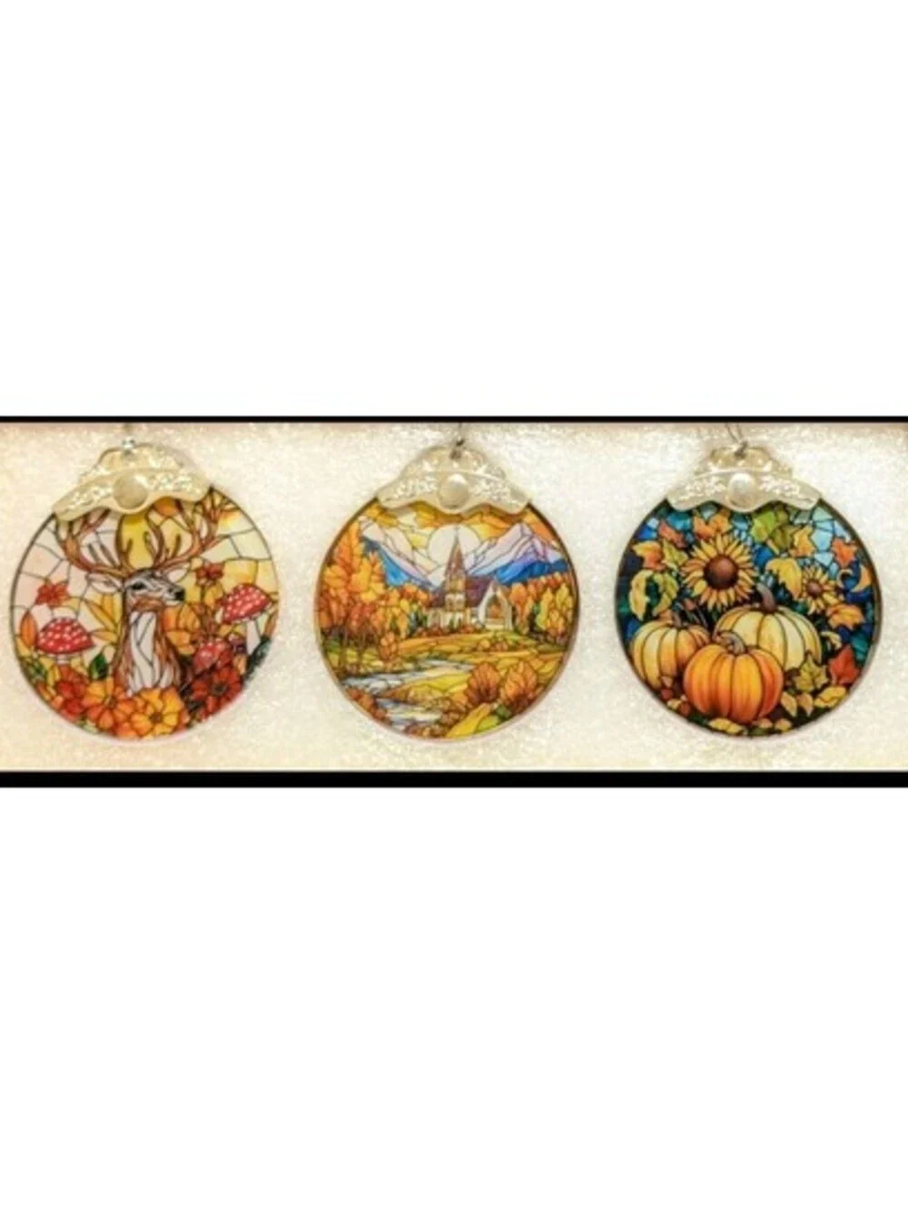 Set of 3 Fall Acrylic Stained Glass Effect Window Suncatchers Deer Pumpkin...